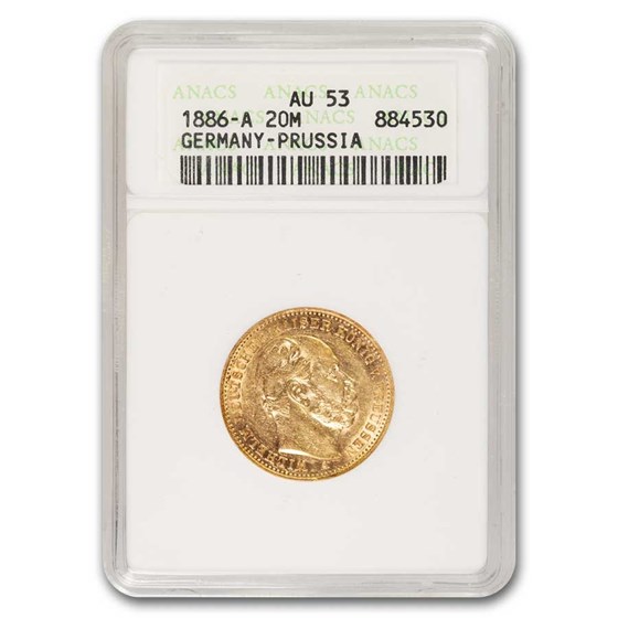 1886 A Prussia Gold 20 Marks Wilhelm I AU-53 ANACS 1886 A Prussia Gold 20 Marks Wilhelm I AU-53 ANACS