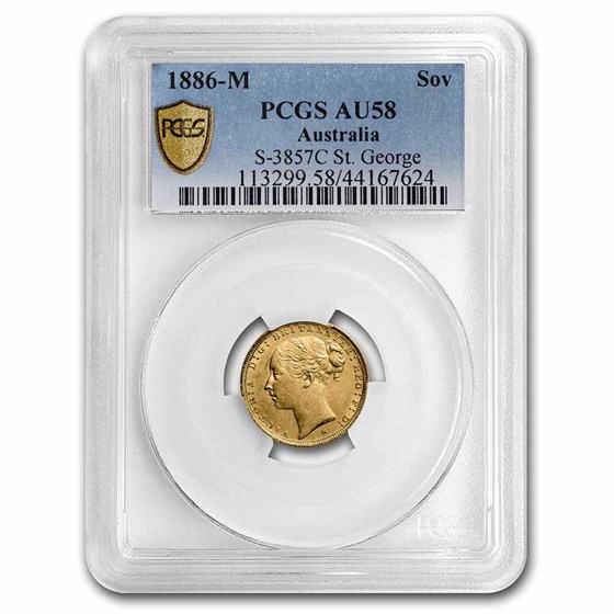 1886-M Australia Gold Sovereign Victoria AU-58 PCGS 1886-M Australia Gold Sovereign Victoria AU-58 PCGS