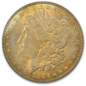 1886 Morgan Dollar MS-63 PCGS (Dusty Coral Toning) 1886 Morgan Dollar MS-63 PCGS (Dusty Coral Toning)