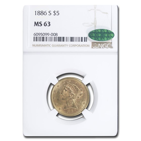 1886-S $5.00 Liberty Gold Half Eagle MS-63 NGC CAC 1886-S $5.00 Liberty Gold Half Eagle MS-63 NGC CAC