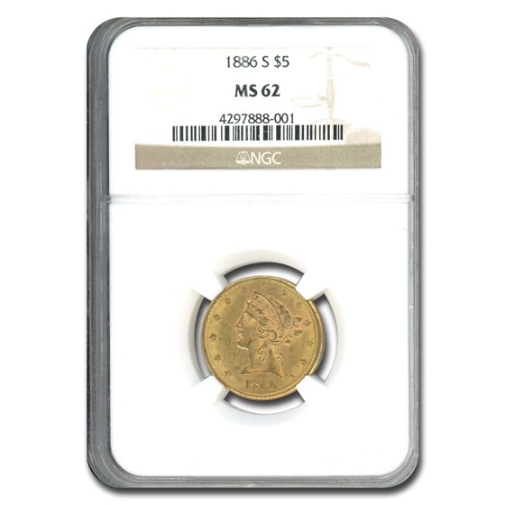 1886-S $5 Liberty Gold Half Eagle MS-62 NGC 1886-S $5 Liberty Gold Half Eagle MS-62 NGC