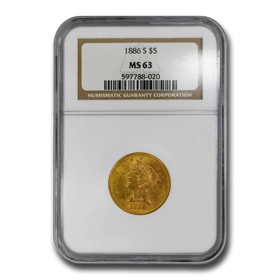 1886-S $5 Liberty Gold Half Eagle MS-63 NGC 1886-S $5 Liberty Gold Half Eagle MS-63 NGC