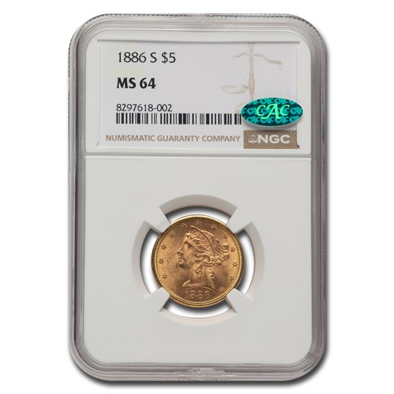 1886-S $5 Liberty Gold Half Eagle MS-64 NGC CAC 1886-S $5 Liberty Gold Half Eagle MS-64 NGC CAC