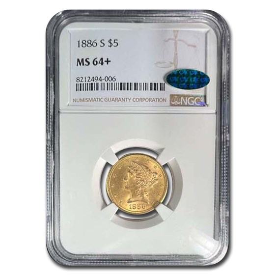 1886-S $5 Liberty Gold Half Eagle MS-64+ NGC CAC 1886-S $5 Liberty Gold Half Eagle MS-64+ NGC CAC