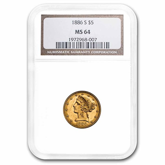 1886-S $5 Liberty Gold Half Eagle MS-64 NGC 1886-S $5 Liberty Gold Half Eagle MS-64 NGC