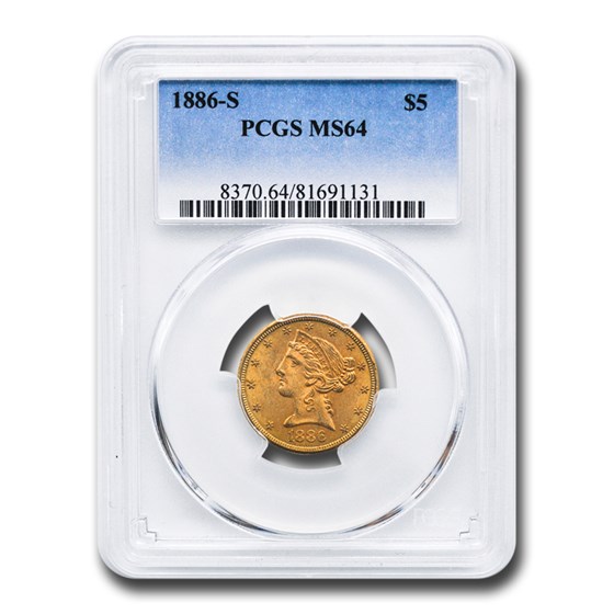 1886-S $5 Liberty Gold Half Eagle MS-64 PCGS 1886-S $5 Liberty Gold Half Eagle MS-64 PCGS