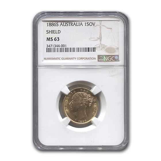 1886-S Australia Gold Sovereign Victoria Shield MS-63 NGC 1886-S Australia Gold Sovereign Victoria Shield MS-63 NGC