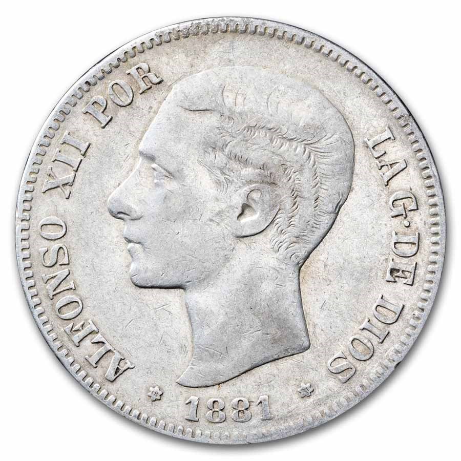 1887-1881 Spain Silver 5 Pesetas Alfonso XII Avg Circ
