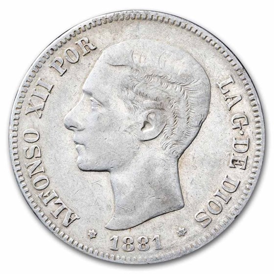 1887-1881 Spain Silver 5 Pesetas Alfonso XII Avg Circ 1887-1881 Spain Silver 5 Pesetas Alfonso XII Avg Circ