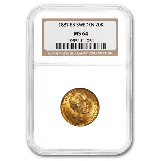 1887 EB Sweden Gold 20 Kronor Oscar II MS-64 NGC 1887 EB Sweden Gold 20 Kronor Oscar II MS-64 NGC