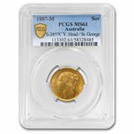 1887-M Australia Gold Sovereign Young Victoria MS-61 PCGS