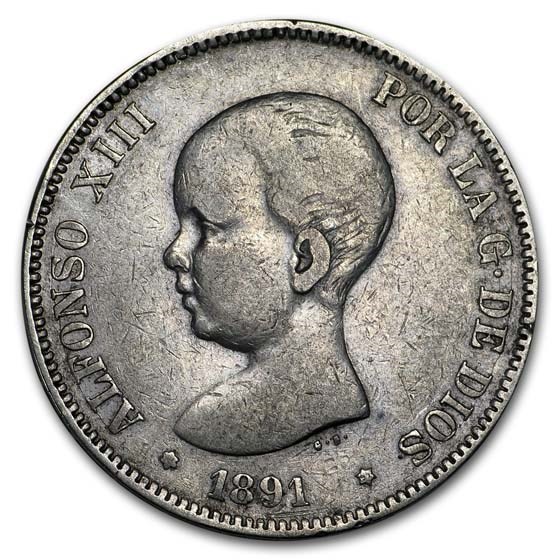 1888-1892 Spain Silver 5 Pesetas Avg Circ