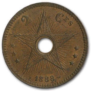 1888 Congo Free State 2 Centimes Copper Brown Unc 1888 Congo Free State 2 Centimes Copper Brown Unc