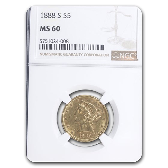 1888-S $5 Liberty Gold Half Eagle MS-60 NGC 1888-S $5 Liberty Gold Half Eagle MS-60 NGC