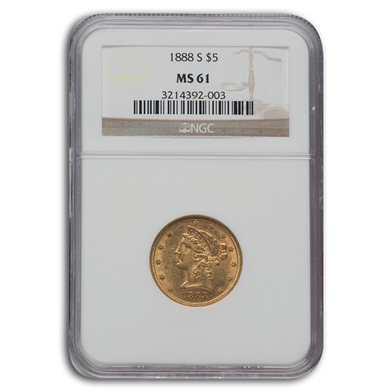 1888-S $5 Liberty Gold Half Eagle MS-61 NGC 1888-S $5 Liberty Gold Half Eagle MS-61 NGC