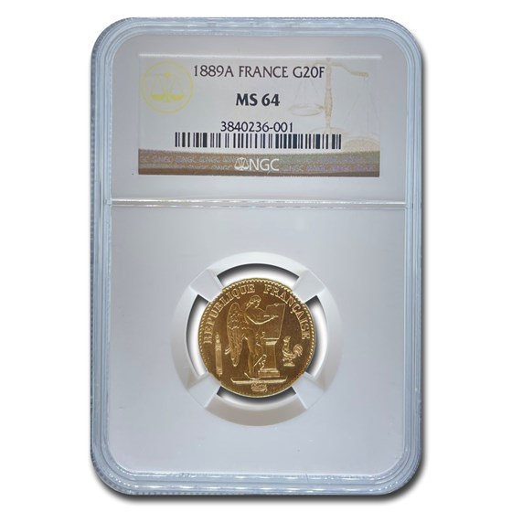 1889-A France Gold 20 Franc Angel MS-64 NGC 1889-A France Gold 20 Franc Angel MS-64 NGC