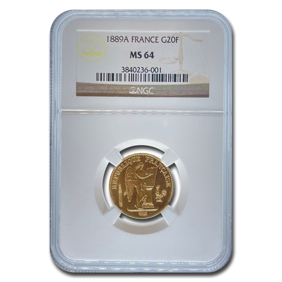 1889-A France Gold 20 Franc Angel MS-64 NGC