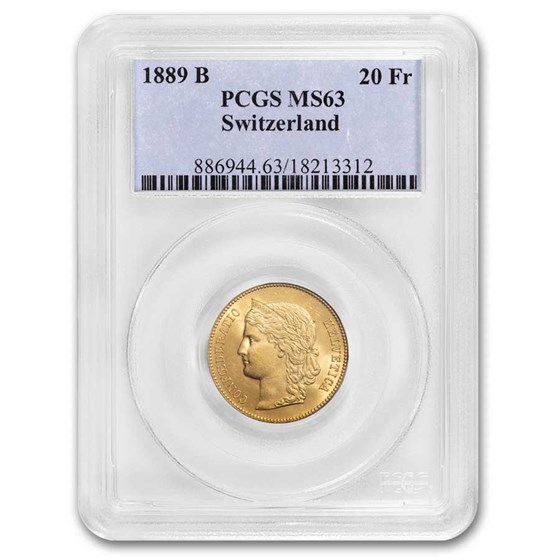1889-B Switzerland Gold 20 Francs MS-63 PCGS 1889-B Switzerland Gold 20 Francs MS-63 PCGS