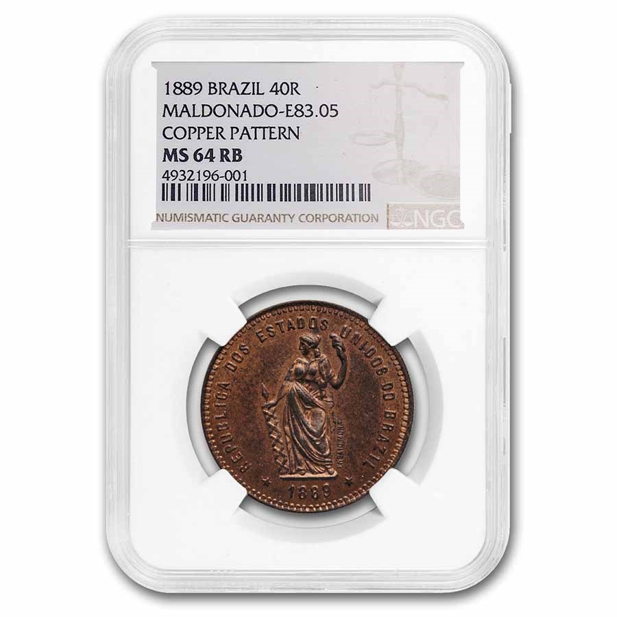 1889 Brazil Copper Pattern 40 Reis MS-64 NGC (Red/Brown)