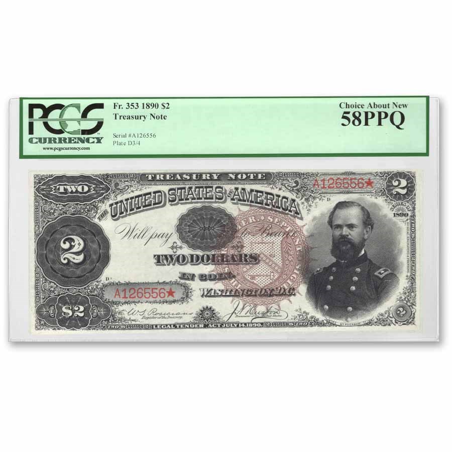 1890 $2 Treasury Note James B. McPherson AU-58 PPQ PCGS (Fr#353)