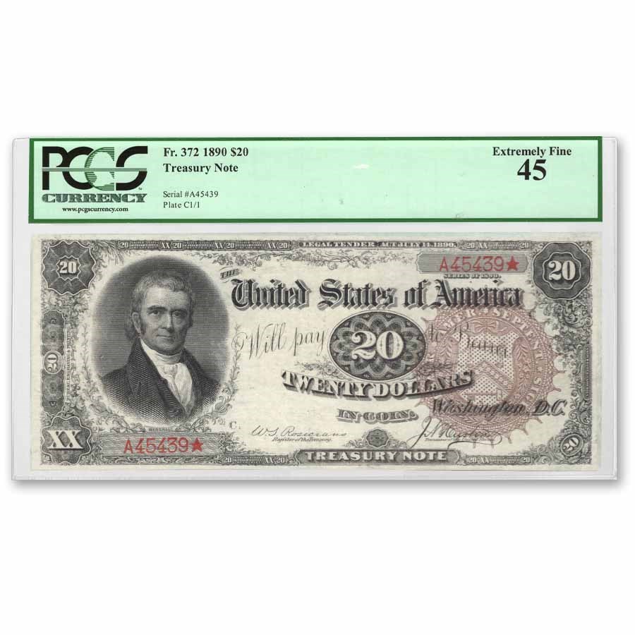 1890 $20.00 Treasury Note John Marshall XF-45 PCGS (Fr#372)