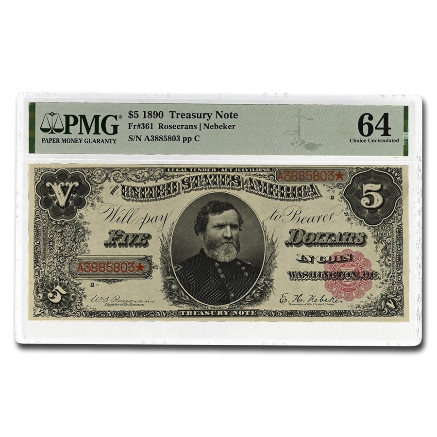 1890 $5.00 Treasury Note General Thomas CU-64 PMG (Fr#361)