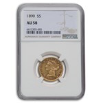 1890 $5 Liberty Gold Half Eagle AU-58 NGC