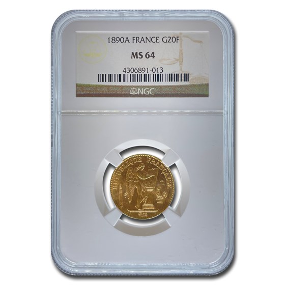 1890-A France Gold 20 Franc Angel MS-64 NGC 1890-A France Gold 20 Franc Angel MS-64 NGC