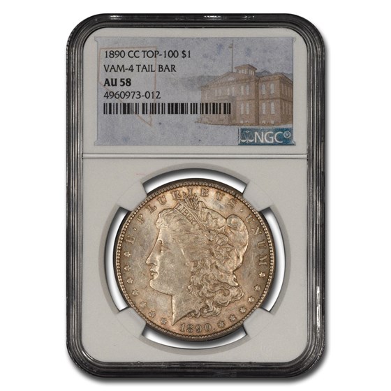 1890-CC Morgan Dollar AU-58 NGC (Top 100, VAM-4, Tail Bar) 1890-CC Morgan Dollar AU-58 NGC (Top 100, VAM-4, Tail Bar)