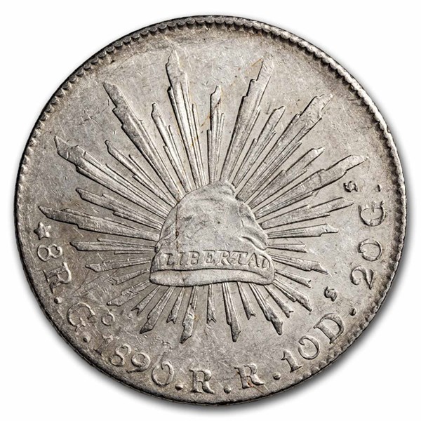 1890-Go RR Mexico Silver 8 Reales Cap & Rays AU