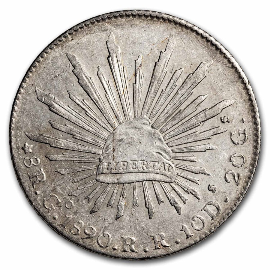 1890-Go RR Mexico Silver 8 Reales Cap & Rays AU