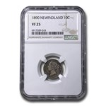 1890 Newfoundland Silver 10 Cents Victoria VF-25 NGC