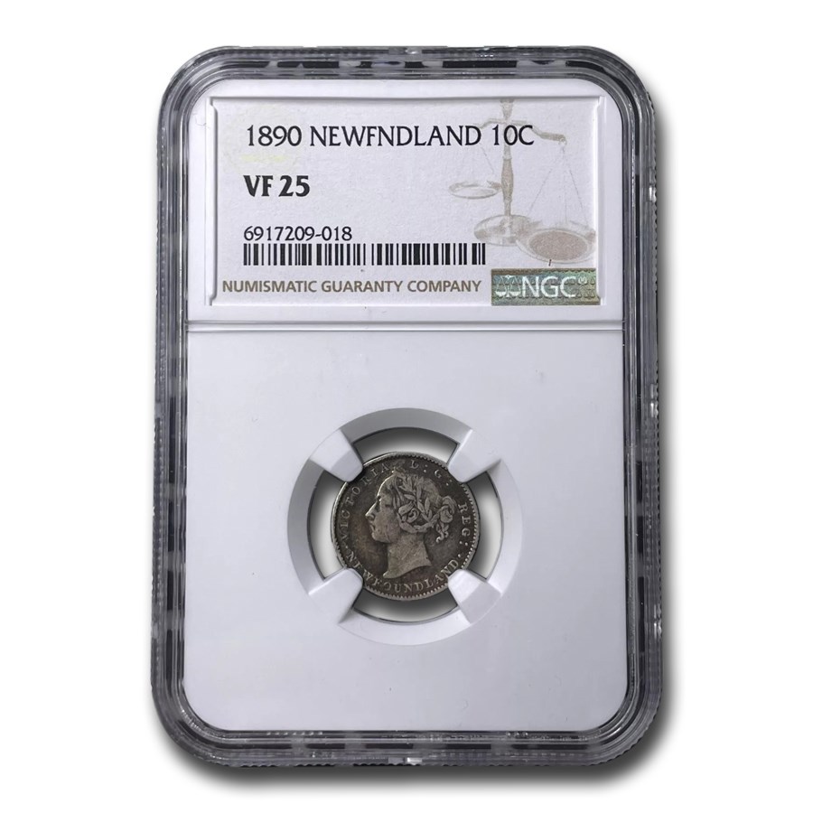 1890 Newfoundland Silver 10 Cents Victoria VF-25 NGC