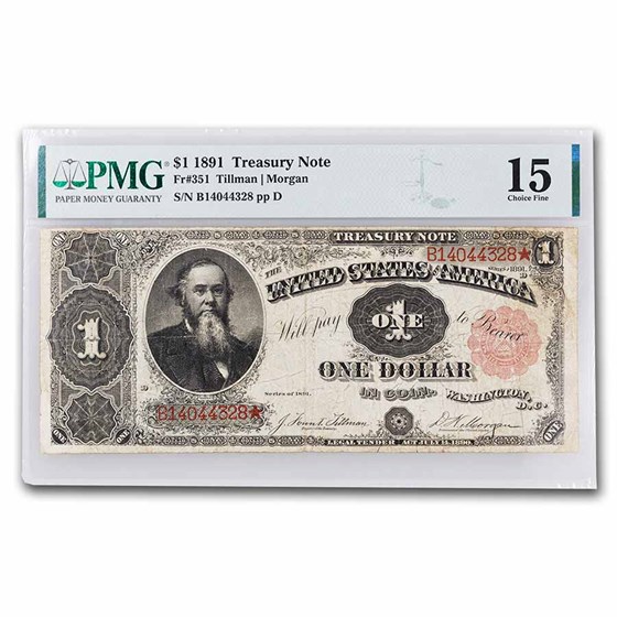 1891 $1.00 Treasury Note Stanton F-15 PMG (Fr#351) 1891 $1.00 Treasury Note Stanton F-15 PMG (Fr#351)