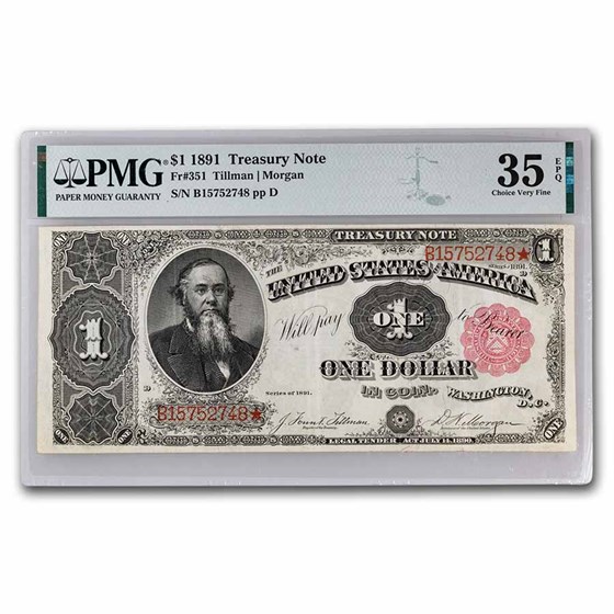 1891 $1.00 Treasury Note Stanton VF-35 EPQ PMG (Fr#351) 1891 $1.00 Treasury Note Stanton VF-35 EPQ PMG (Fr#351)