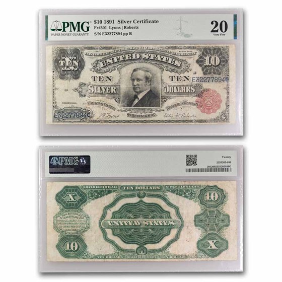 1891 $10 Silver Cert. Hendricks Tombstone VF-20 PMG (Fr#301) 1891 $10 Silver Cert. Hendricks Tombstone VF-20 PMG (Fr#301)