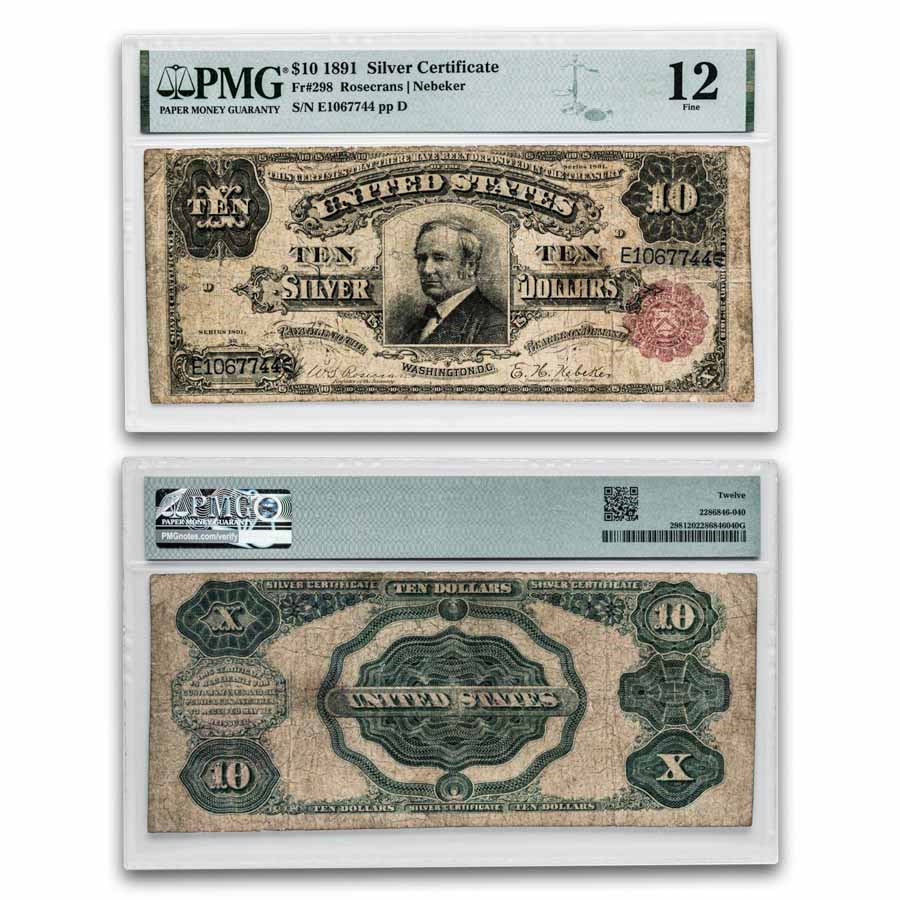 1891 $10 Silver Certificate Hendricks Tombstone F-12 PMG (Fr#298)