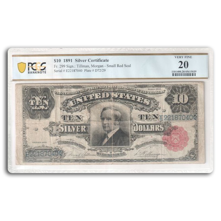 1891 $10 Silver Certificate Hendricks Tombstone VF-20 PCGS Fr#299