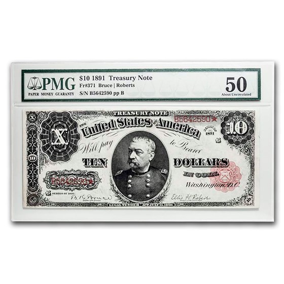 1891 $10 Treasury Note Sheridan AU-50 PMG (Fr#371)