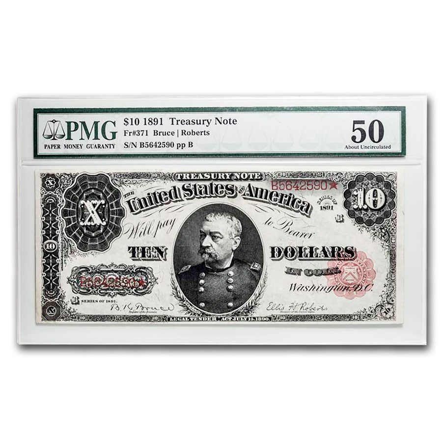 1891 $10 Treasury Note Sheridan AU-50 PMG (Fr#371)