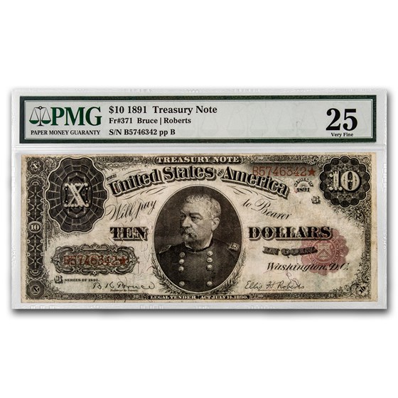 1891 $10 Treasury Note Sheridan VF-25 PMG (Fr#371)