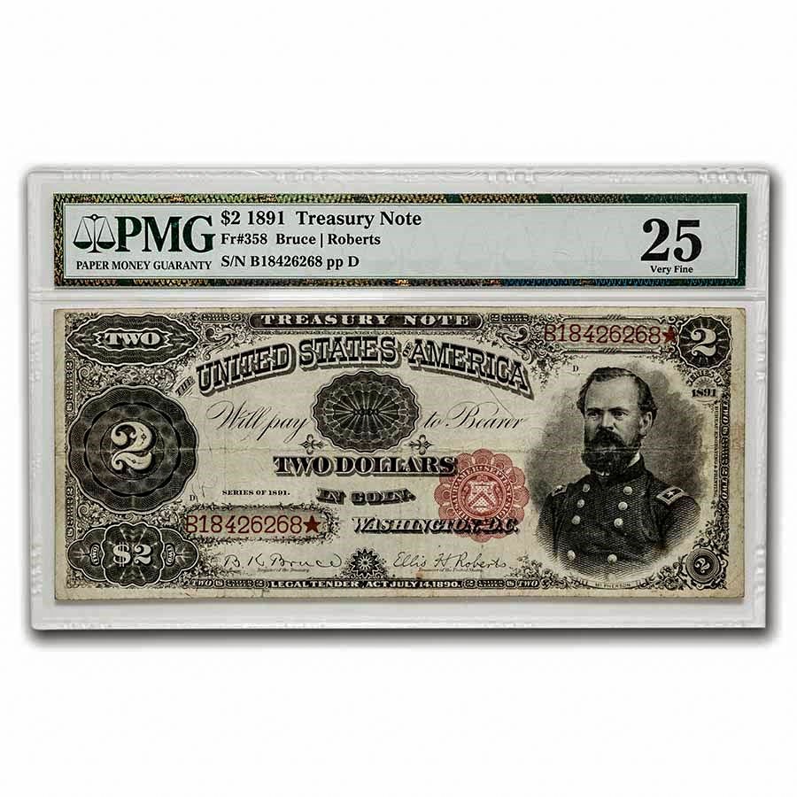 1891 $2.00 Treasury Note James McPherson VF-25 PMG (Fr#358)