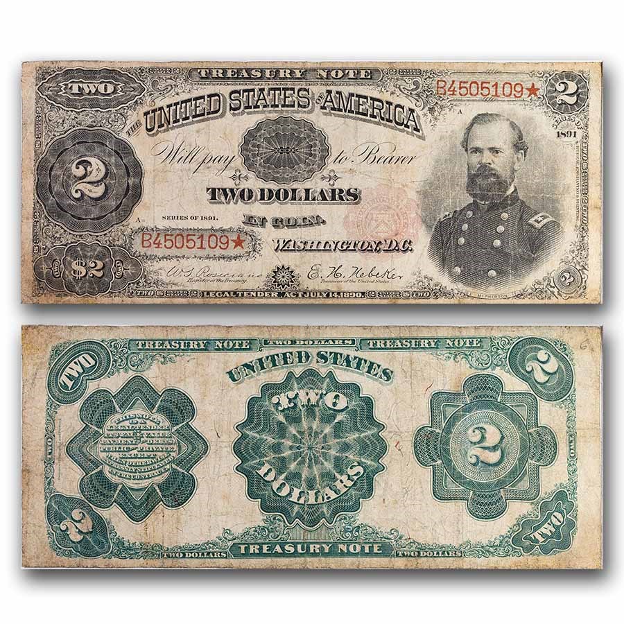 1891 $2 Treasury Note General James McPherson Fine+ (Fr#356)