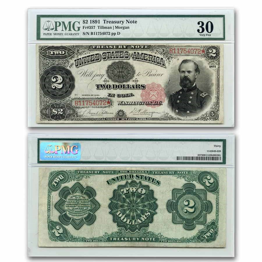 James Note 1891 $2 Treasury Note General James McPherson VF-30 PMG (Fr#357)