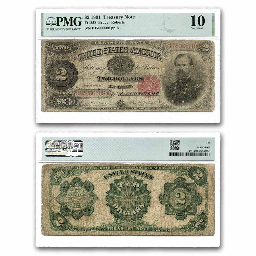 1891 $2 Treasury Note General James McPherson VG-10 PMG (Fr#358)