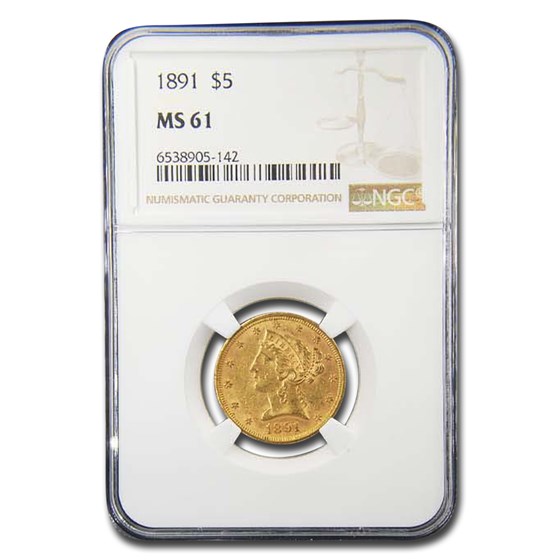 1891 $5 Liberty Gold Half Eagle MS-61 NGC 1891 $5 Liberty Gold Half Eagle MS-61 NGC