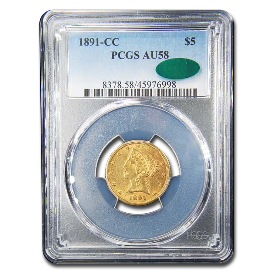 1891-CC $5 Liberty Gold Half Eagle AU-58 PCGS CAC