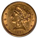 1891-CC $5 Liberty Gold Half Eagle AU-58 PCGS