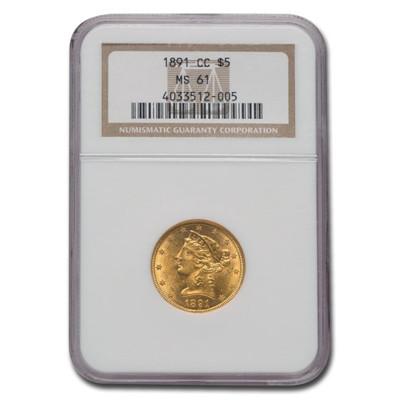 1891-CC $5 Liberty Gold Half Eagle MS-61 NGC 1891-CC $5 Liberty Gold Half Eagle MS-61 NGC