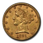 1891-CC $5 Liberty Gold Half Eagle MS-61 PCGS